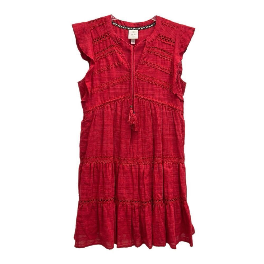 Knox Rose Dress Womens M Red A Line Bohemian Tassels Peasant Embroidered Lined
